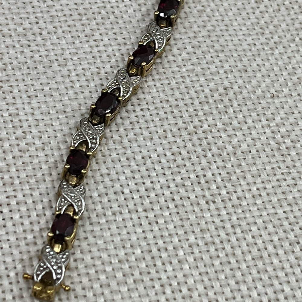 Vintage Sterling Silver 925 Garnet Bracelet 7.5” Estate 15.9g Two-Tone Design - Picture 15 of 17